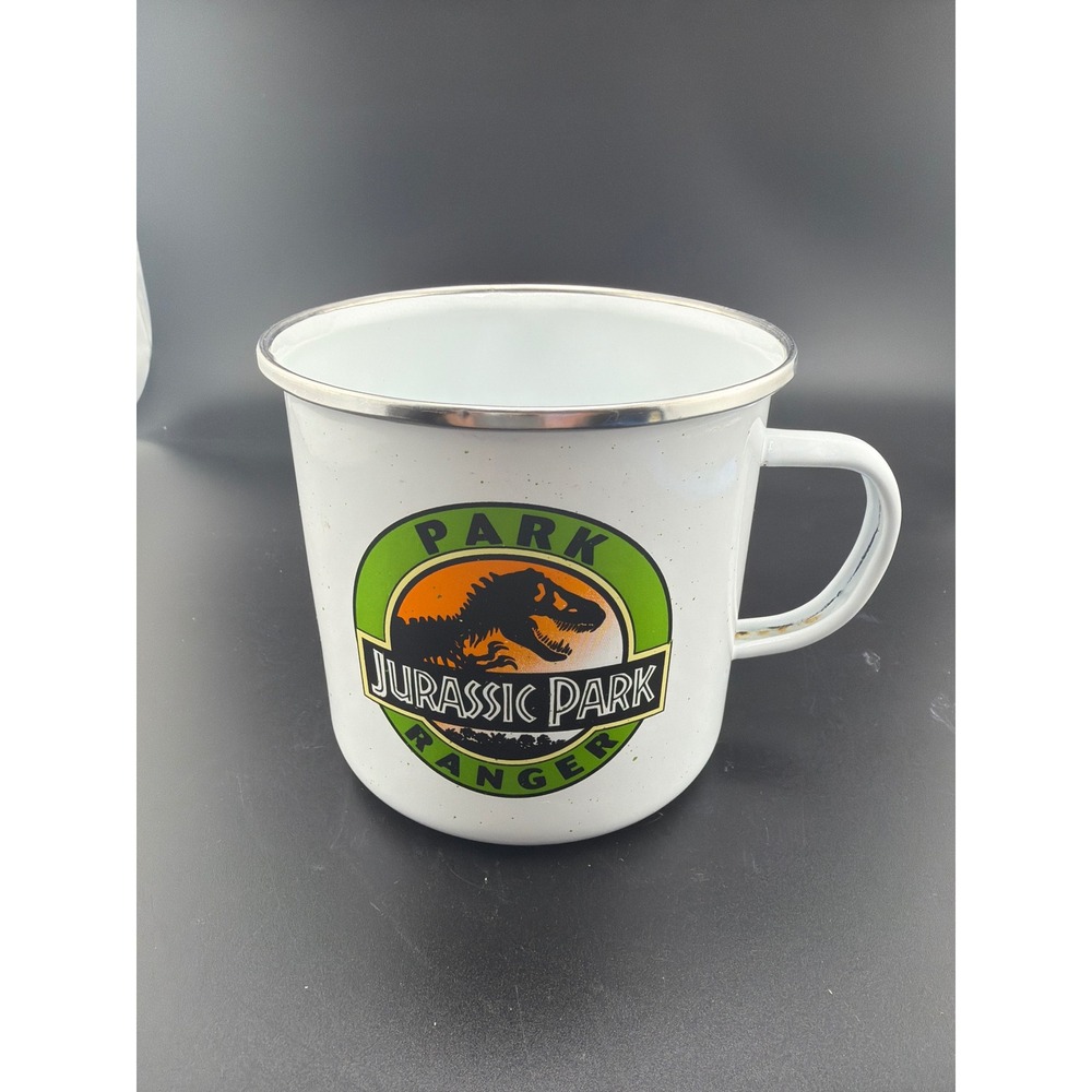 Jurassic Park Ranger Enamel Campfire Mug White Tin Coffee Cup T-Rex Logo
